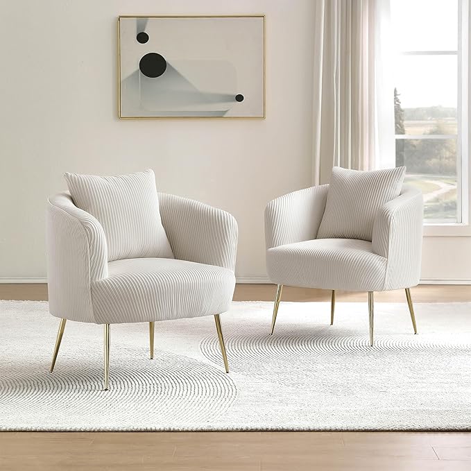 Art Leon Velvet Accent Chair, Upholstered Modern Single Sofa Chair, Comfy Barrel Chair with Golden Metal Legs for Living Room Bedroom, Off White
