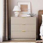 3-Piece Dresser Bedroom Set, 8 Drawer Dresser & 3 Drawer Nightstands with Gold Handles, Fluted Wood Chest of Drawers for Bedroom, Living Room, Entryway, Beige