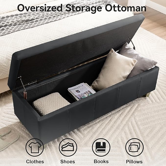 51" Faux Leather Storage Ottoman, Stitch Tufted Rectangle Upholstered End of Bed Storage Bench, Entryway Large Couch Ottoman with Wooden Legs, Dark Black