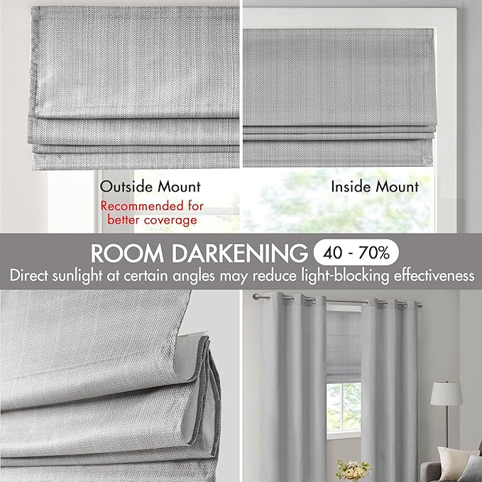 Madison Park Galen Cordless Roman Shade, 29"W x 64"H, Sheen Grey – Room Darkening, Thermal Insulated, Energy Efficient Window Blind with Subtle Sheen Basketweave Fabric for Privacy