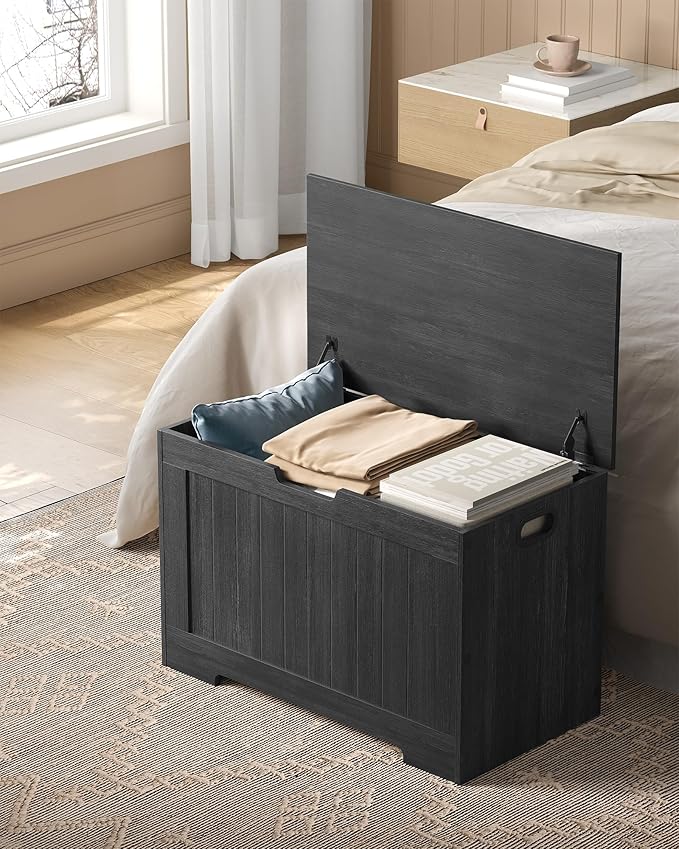 VASAGLE Storage Chest, 29.9 Inches Width Storage Bench, Entryway Bench with 2 Safety Hinges, Shoe Bench, Farmhouse Style, for Entryway, Bedroom, Living Room, Charcoal Gray ULHS011B02