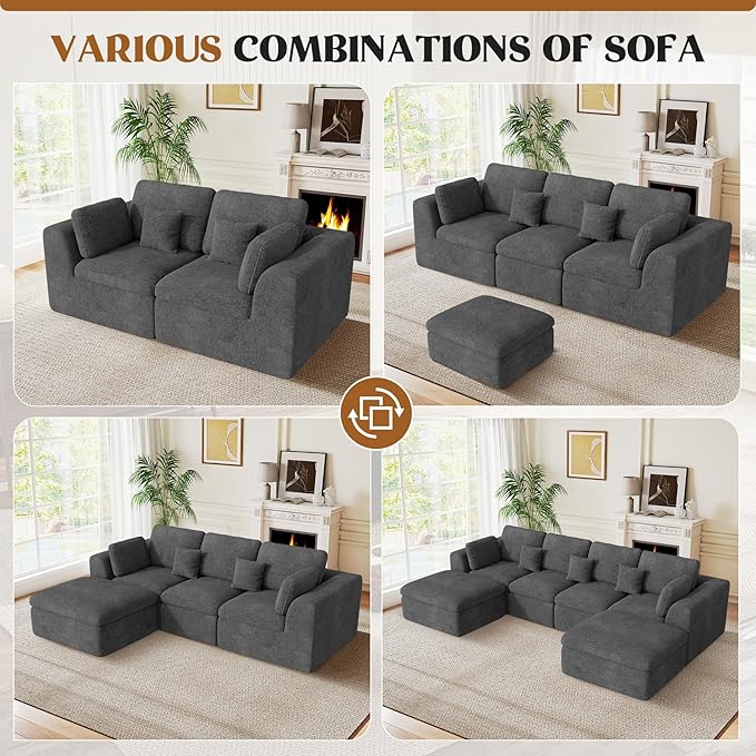 Loveseat Sofa, Cloud Boneless Couches for Living Room, 2 Seater Modular Sectional Sofa,Oversized,DarkGary Chenille