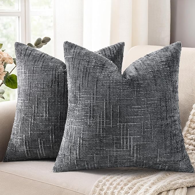 decorUhome Dark Grey Chenille Throw Pillow Covers 18x18 Set of 2 Thick Textured Slubby Couch Pillow Covers Farmhouse Accent Modern Neutral Decorative Pillow Cases for Bed Sofa Living Room