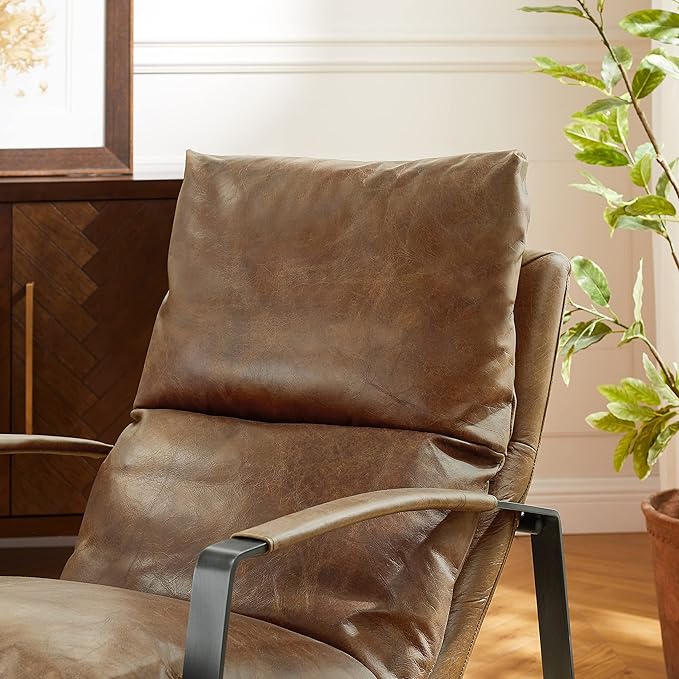 Art Leon Set of 2 Genuine Leather Accent Chairs for Living Room, Mid Century Modern Lounge Chair Living Room Sofa Chair with Black Metal Frame, Brown