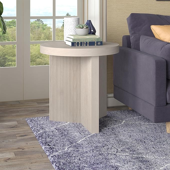 Henn&Hart 22" Fluted Scandinavian Round End Table, Ribbed Side Table, Nightstand for Living Room, Office, Family Room, or Bedroom, Alder White
