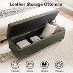 41" Faux Leather Storage Ottoman, Stitch Tufted Rectangle Upholstered End of Bed Storage Bench, Entryway Large Couch Ottoman with Wooden Legs,Green