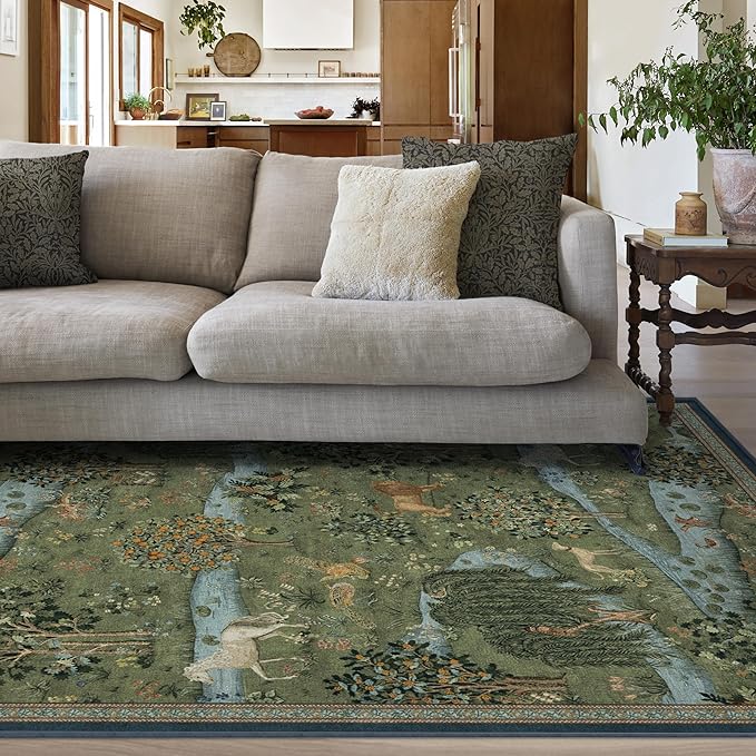 RUGGABLE x Morris & Co Washable Area Rug – Owl & Willow Green 6x9, Stain-Resistant, Non-Slip – Medium Machine Washable Rugs for Living Room, Bedroom, Hallway, Entryway & Office–with Cushioned Pad