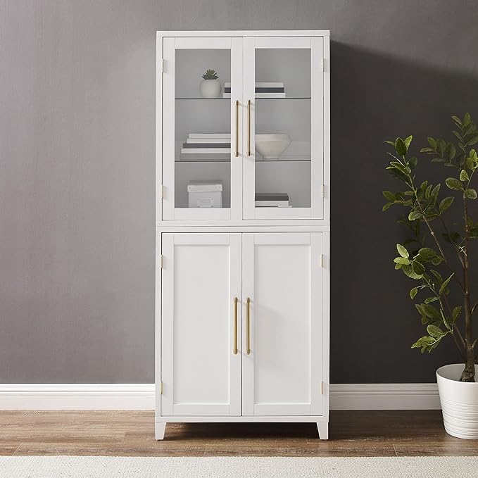 Crosley Furniture Roarke Glass Door China Hutch Kitchen Pantry Storage Cabinet with Doors and Shelves, White