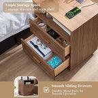 Walnut Night Stand Set of 2 with Charging Station, 25.8" Tall Wood End Table with 2 Storage Drawers and Open Shelf, Mid Century Modern Bedside Table for Bedroom, Living Room, Walnut