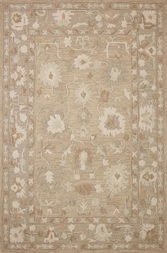 Loloi Chris Loves Julia Dorothea Collection DRT-02 Khaki/Dove 8'-6" x 11'-6" Area Rug Wool Neutral Floral Living Room Bedroom Carpet