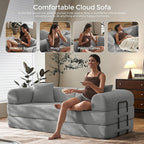 79" Convertible Sofa Bed with Fixed-Shape Frame & Removable Armrests, Modular Corduroy Sleeper Sofa, Folding Mattress Couch for Small Spaces - No Assembly Needed in Light Gray (Includes 2 Pillows)