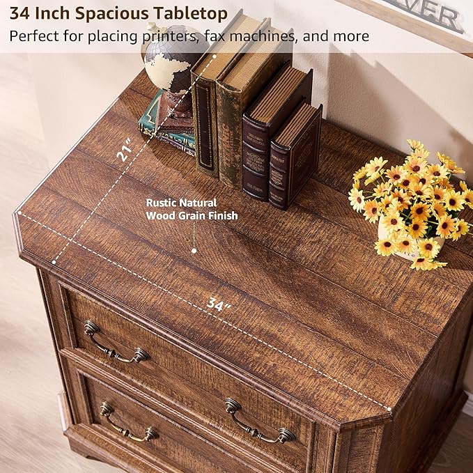 T4TREAM 34" Lateral File Cabinet with 2 Drawers, Farmhouse Filing Cabinet with 34" Wide Wooden Tabletop & Smooth Rails, Holds Letter/Legal, Hexagonal Design & Framed Drawer Fronts, Reclaimed Barnwood