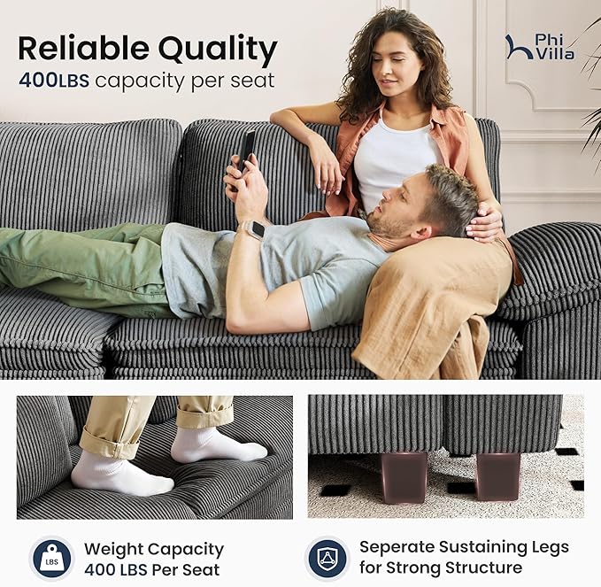 PHI VILLA Cloud Modular Couch Sets, 123.6" Sectional Sofa with L-Shaped Chaise, 4-Seater Upholstered Couches with Movable Ottoman for Living Room, Corduroy Fabric, Grey