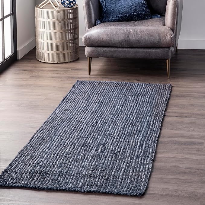 nuLOOM 2x8 Rigo Jute Hand Woven Area Rug, Navy, Solid Farmhouse Design, Natural Fiber, For Bedroom, Living Room, Dining Room, Hallway, Office, Kitchen, Entryway