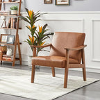 Yaheetech PU Leather Accent Chair, Mid-Century Modern Armchair with Solid Wood Legs, Reading Leisure Chair for Living Room Bedroom Waiting Room, Light Brown, Set of 2