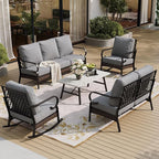 5 Piece Metal Outdoor Patio Furniture Set, Patio Conversation Sets 3-Seater Sofa, 2-Seater Sofa, 2 Rocking Sofa with 5.75" Thick Cushion & Coffee Table Black Backyard Furniture, Gray