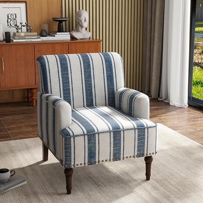 UIXE Stripe Accent Chair Arm Chair, Modern Nailhead Trim Club Armchair with Wood Legs, Comfy Living Room Single Sofa Reading Seat Bedroom Side Seating for Home Office, Dark Blue