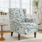 Accent Chair, Upholstered High Back Floral Armchair with Nailhead Trim & Wood Legs, Comfy Wingback Reading Single Sofa Chair for Small Spaces, Living Room, Bedroom ( Boho Blue Floral, Set of 2)