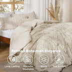 Bedsure Tufted Boho Comforter Set Queen Size - Beige Boho Bed Set, GentleSoft™ 3 Pieces Farmhouse Shabby Chic Embroidery Bedding, Gifts for Woman, Soft Jacquard Queen Comforter for All Seasons
