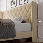 iPormis King Size Platform Bed Frame with Button Tufted Headboard, Upholstered Bed Frame with Solid Wooden Slats, 8" Underbed Space, No Box Spring Needed, Noise Free, Easy Assembly, Beige
