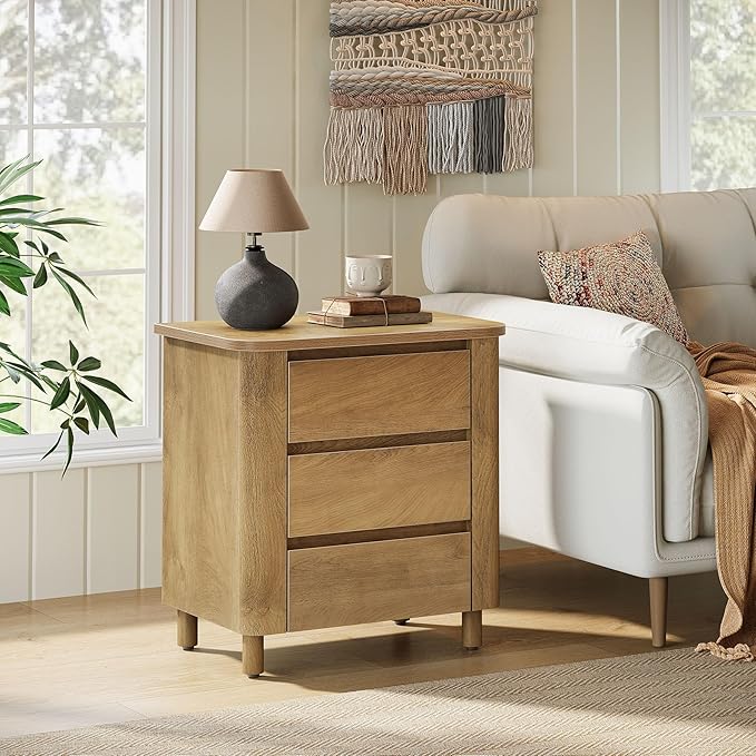 Tribesigns Modern Side Table Set 2 with 3 Drawers, 23.62" Wide End Table for Couch Sofa Living Room, Rustic Brown