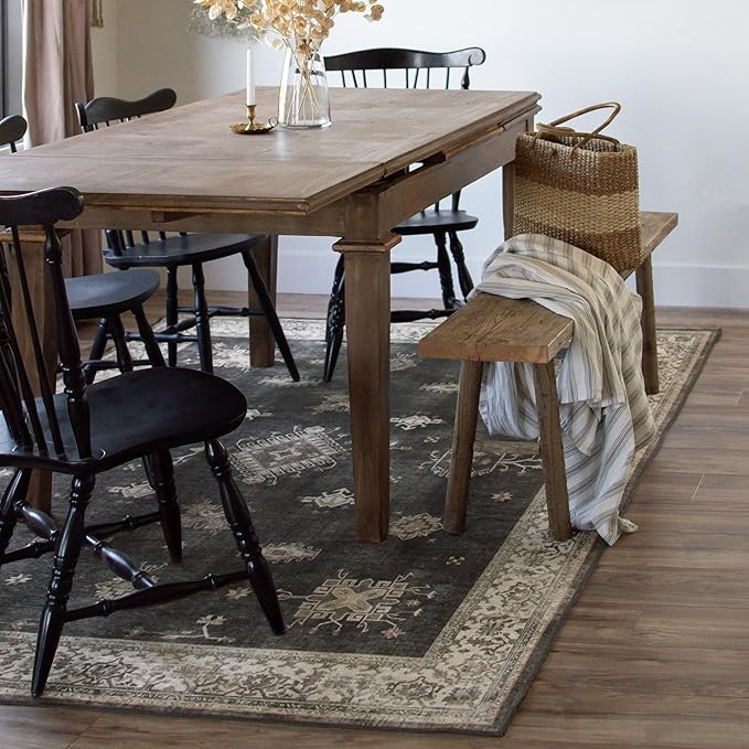 RUGGABLE Washable Vintage Area Rug – Verena Dark Wood 5x7, Stain-Resistant, Non-Slip – Medium Machine Washable Rugs for Living Room, Bedroom, Hallway, Entryway & Office–with Standard Pad