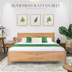Yechen Hand-Woven PE Rattan King Bed Frame with Headboard and Footboard, Boho Mid Century Modern Bedframe with Vintage Pattern, Wicker Bed with Metal Frame and Slats, No Box Spring Needed, 1000lbs