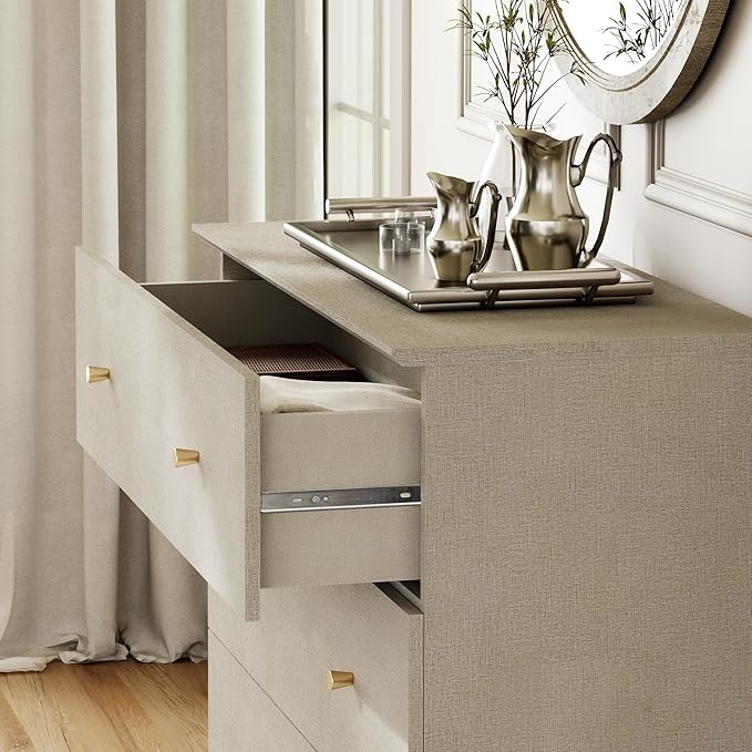 WAMPAT 6-Drawer Kids Dresser for Bedroom, 2-in-1 Modern Large Chest of Drawers with Gold Knobs, 71 Inch Wide Linen Printed Finish Wood Children Dresser for Baby Room, Nursery, Dark Beige