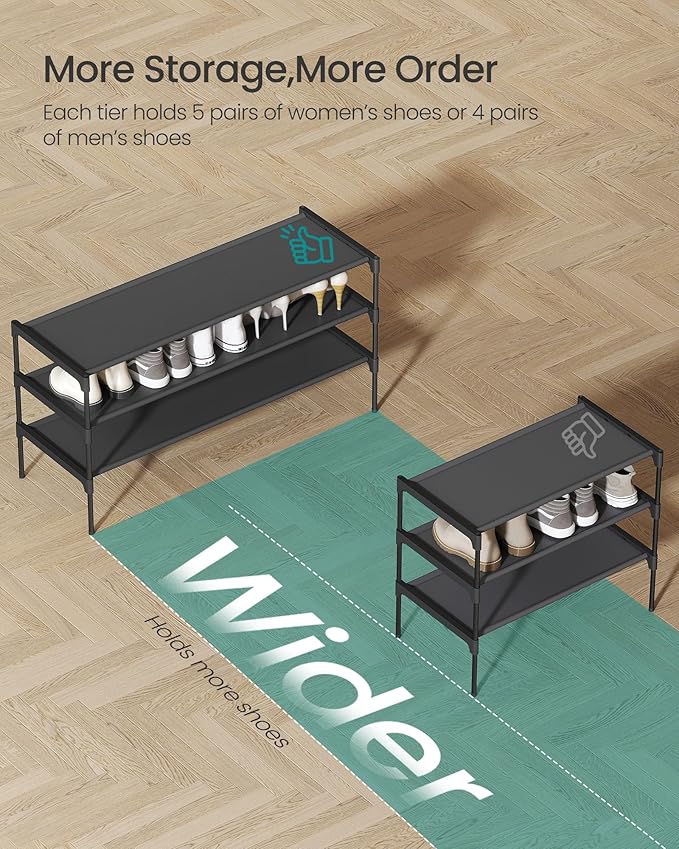 SONGMICS Shoe Rack, 3-Tier Shoe Storage Organizer, Space-Saving, 11.6 x 36.1 x 21 Inches, Entryway, Metal Frame, Non-Woven Fabric Shelves, Ink Black ULSH033BH01S