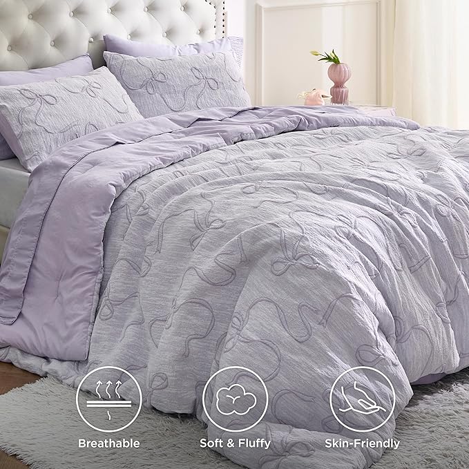 Bedsure Twin Size Comforter Set, Light Purple Boho Tufted Bed Set, 3D Puffy Jacquard Bedding Twin Size, 2 Pieces, 1 Farmhouse Shabby Chic Embroidery Comforter with Bow Pattern & 1 Pillow Case