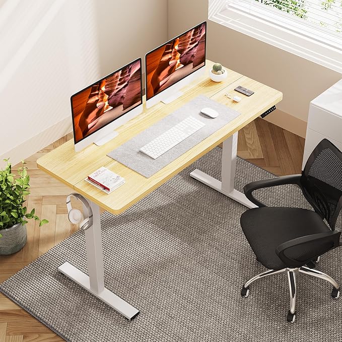 Adjustable Stand Up Desk with Memory Preset, 55 x 24 Inch Standing Desks Electric Desk for Home Office with Splice Board (Maple)