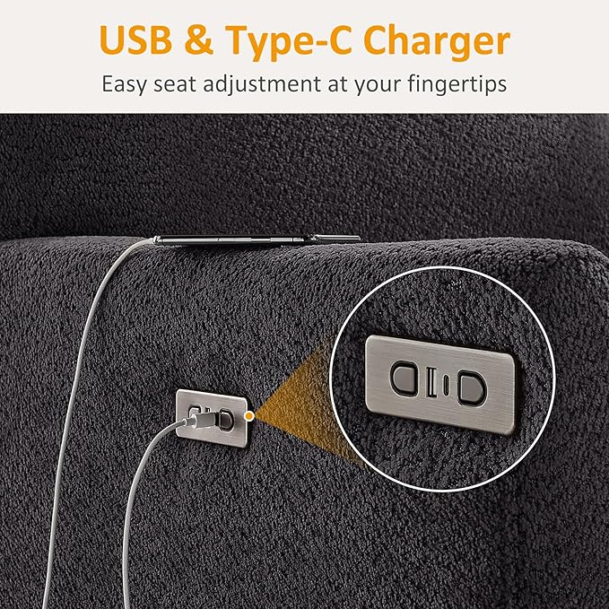 VANOMi Power Swivel Glider Recliner Chair, Electric Nursery Rocker Recliner Chair, USB & Type-C Charger, Charcoal Gray Boucle
