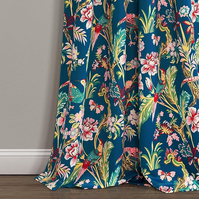 Lush Decor Dolores Light Filtering Window Panels, Pair, 52" W x 95" L, Navy & Multi - Floral Curtains for Bedroom - Vintage Curtains - Coquette Room Decor