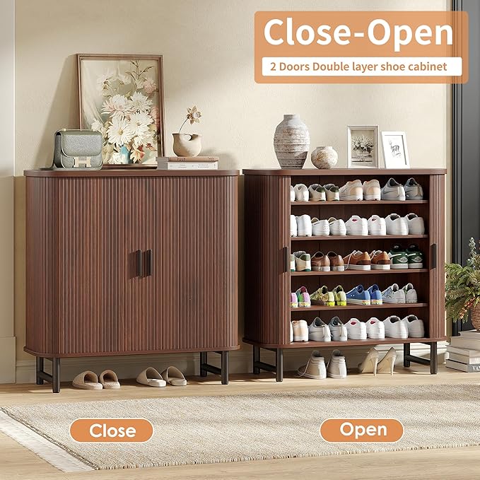 Maupvit Shoe Storage Cabinet with Smooth Fluted Sliding Doors, 5-Tier Shoe Cabinet Storage for Entryway, Narrow Hidden Shoe Rack for Front Door Entrance, Metal Handles and Legs, Walnut