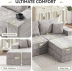 79" Boneless Loveseat Sofa Couch, Modular Foldable Floor Cloud Sofa with Ottoman, Lounge Convertible Sofa Bed for Living Room, No Assembly, Chenille Light Grey