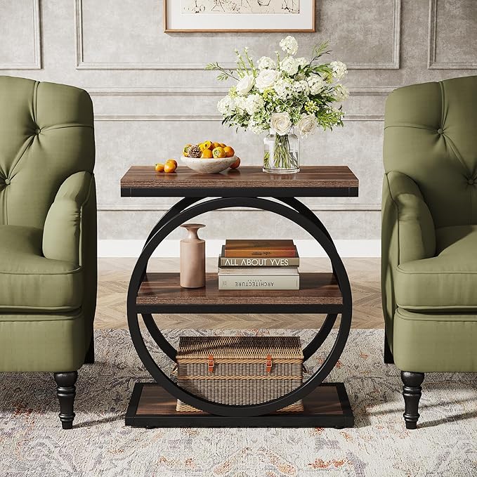 Tribesigns End Table Set of 2, Narrow End Table with 3 Storage Shelves, Wooden Side Table, Industrial Small Sofa Side Table for Living Room, Slim Nightstand and Bedside Table for Bedroom