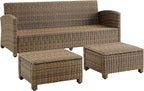 Crosley Furniture Bradenton 3-Piece Outdoor Sofa Patio Furniture Set, Wicker Conversation Sets for Porch, Brown with Navy Cushions