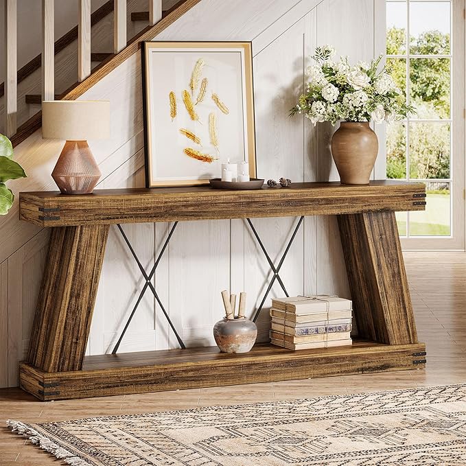 Tribesigns 70.9" Farmhouse Console Table, Long Sofa Table Behind Couch with Storage, Narrow Wooden Console Station, Industrial Rustic Entryway Furniture for Hallway, Entry, Living Room (1, Dark Brown)