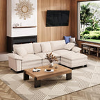 123-Inch L Shaped Sectional Sofa with Cloud Cushions, Deep Seat Modular Couch Set w/ 4 Seats & 1 Ottomans, Plush Chenille & Corduroy Upholstery for Living Room, Apartment - Beige