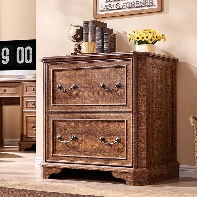 T4TREAM 34" Lateral File Cabinet with 2 Drawers, Farmhouse Filing Cabinet with 34" Wide Wooden Tabletop & Smooth Rails, Holds Letter/Legal, Hexagonal Design & Framed Drawer Fronts, Reclaimed Barnwood