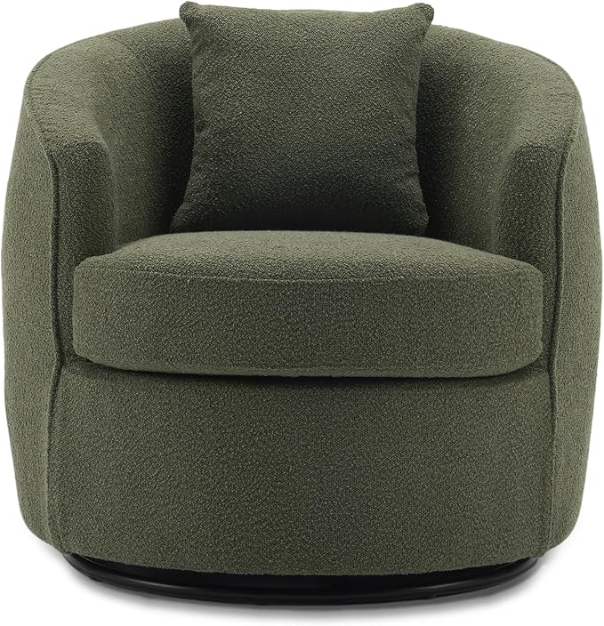 Swivel Accent Chair Set of 2, Modern Upholstered Boucle Barrel Arm Chairs with Pillow for Living Room, 360 Degree Round Swivel Sherpa Armchair with Round Base for Bedroom Club (2, Green)