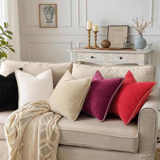 decorUhome Chenille Soft Throw Pillow Covers 26x26 Set of 2, Farmhouse Velvet Neutral Decorative Euro Pillow Covers with Stitched Edge for Couch Sofa Bed Home Decor, Black