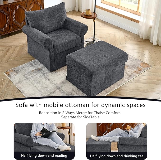 35.82" Accent Chair with Ottoman Upholstered Living Room Chairs for Reading Chair with Chaise Lounge Chairs Indoor, Comfortable Armchair for Bedroom (Gray, 35.82")