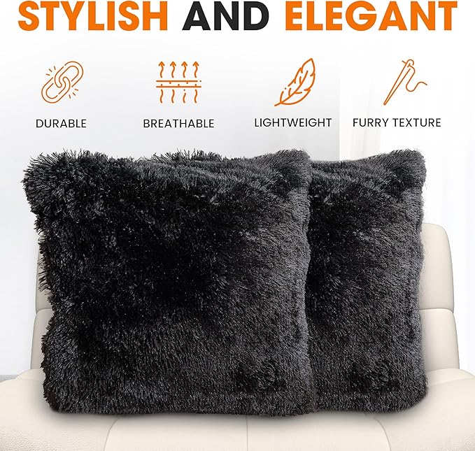 Cheer Collection Throw Pillows for Couch and Bed, Soft Shaggy Throw Pillows with Inserts Included, Cozy Long Hair Faux Fur Pillows - Set of 2-26" x 26" Black