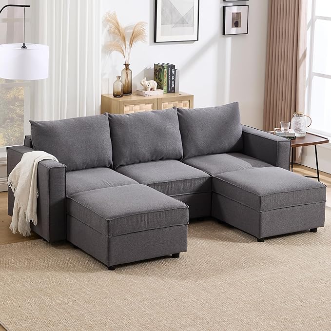 90 Inches Cloud Modular Sectional Sofa, U Shaped Linen Couch with Reversible Chaise, 3 Seater Convertible Comfortable Sofa Couch for Living Room/Apartment, Grey