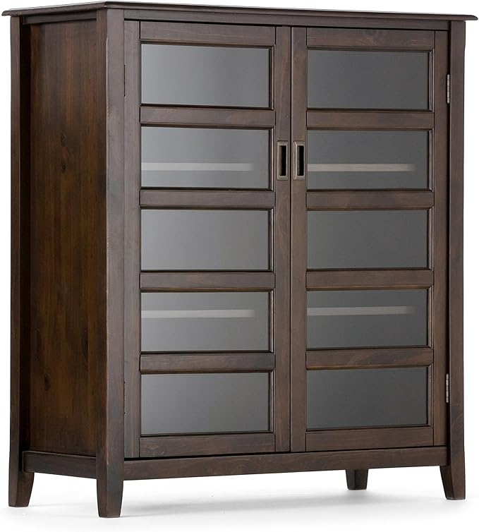 SIMPLIHOME Burlington SOLID WOOD 40 inch Wide Transitional Medium Storage Cabinet in Mahogany Brown, with 2 Tempered Glass Doors that open to 4 Adjustable Shelves