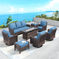 Patio Furniture Set with Swivel Chairs, High Back Wicker Rattan Furniture with 5.5" Thick Cushions, Fire Pit Table and Ottomans, All Weather Outdoor Conversation Set for Backyard Deck,9 Seats, Blue