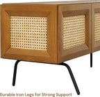 NTC Mossic TV Media Cabinet with 4 Doors for TVs, Entertainment Center with Natural Rattan, Metal Legs, Modern Storage Console for Living Room and Bedroom, Effortless Assembly, Rustic Oak