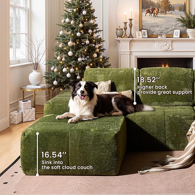114" Glitter Cloud Sectional Couch with L-Shape Chaise & Ottoman, Modern Boneless Couches for Living Room, Fluffy Tufted Deep Seat Modular Sofa No Assembly (Green Sparkly Velvet,Left Facing)