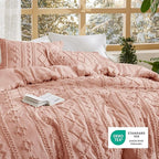 Bedsure Tufted Boho Comforter Set Queen Size - Light Pink Boho Bed Set, GentleSoft™ 3 Pieces Farmhouse Shabby Chic Embroidery Bedding, Gifts for Woman, Soft Jacquard Queen Comforter for All Seasons